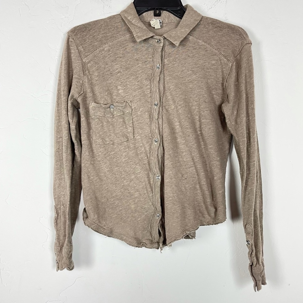 Free People Shirt‎ Button Down Tan Beige Top Linen